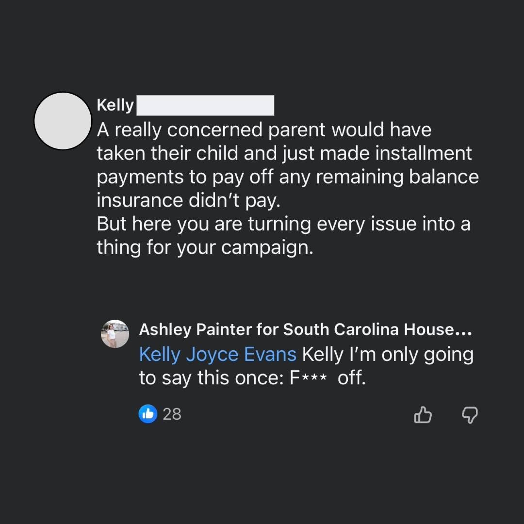 Screenshot of Ashley Painter's campaign Facebook page telling a voter to 'F off'